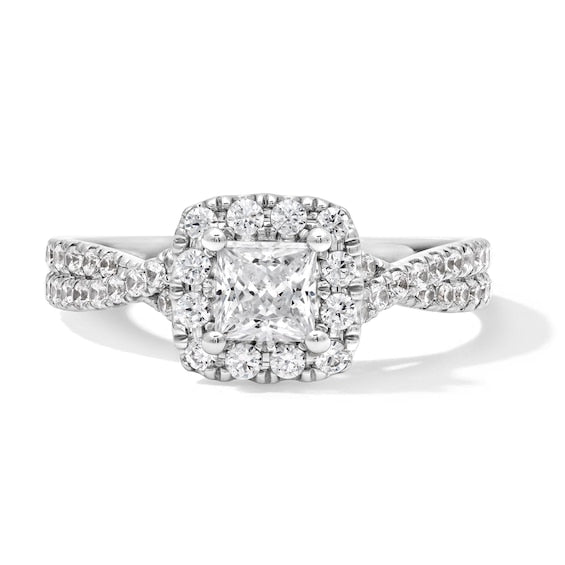 1 CT. T.W. Princess-Cut Certified Lab-Grown Diamond Cushion Frame Crossover Shank Engagement Ring in 14K White Gold