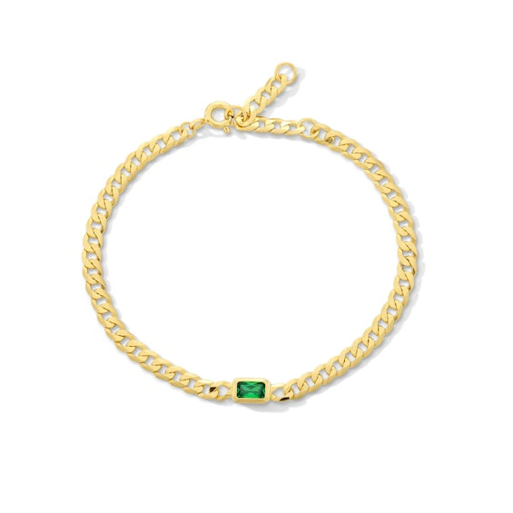Emerald-Cut Emerald Solitaire Curb Chain Bracelet in Sterling Silver with 18K Gold Plate