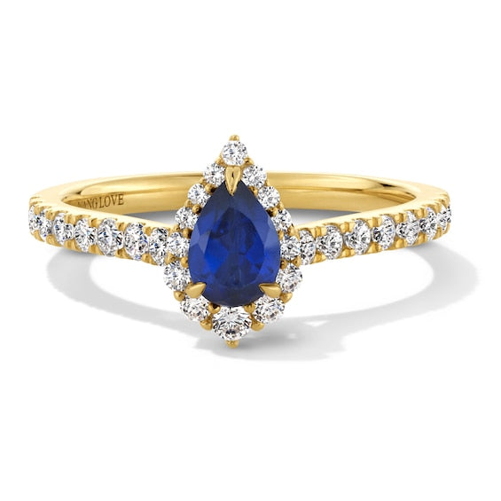 Vera Wang Love Collection Pear-Shaped Blue Sapphire and 1/2 CT. T.W. Diamond Frame Engagement Ring in 14K Gold