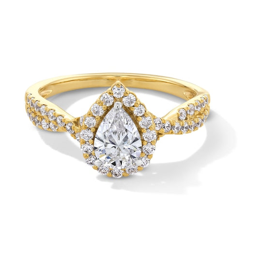 1 CT. T.W. Pear-Shaped Certified Lab-Grown Diamond Frame Crossover Shank Engagement Ring in 14K Gold (F/SI2)