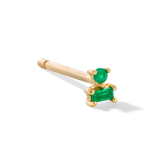 Baguette and Round Emerald Stacked Single Cartilage Stud Earring in 14K Gold