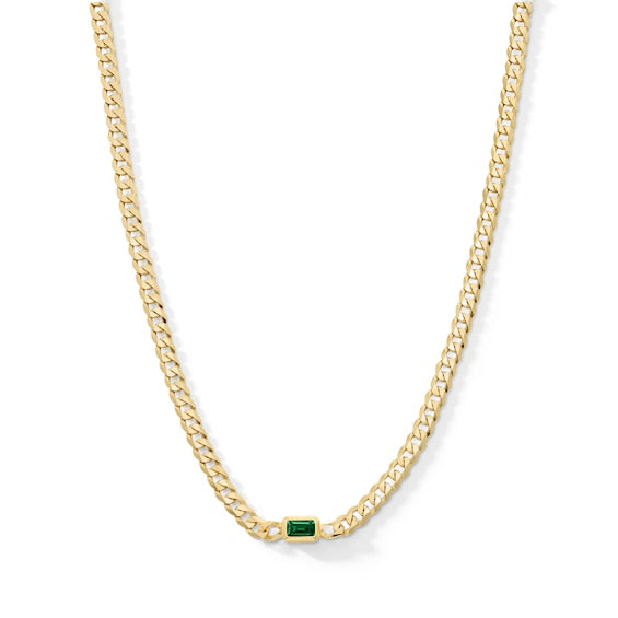 Emerald-Cut Emerald Solitaire Curb Chain Necklace in Sterling Silver with 18K Gold Plate