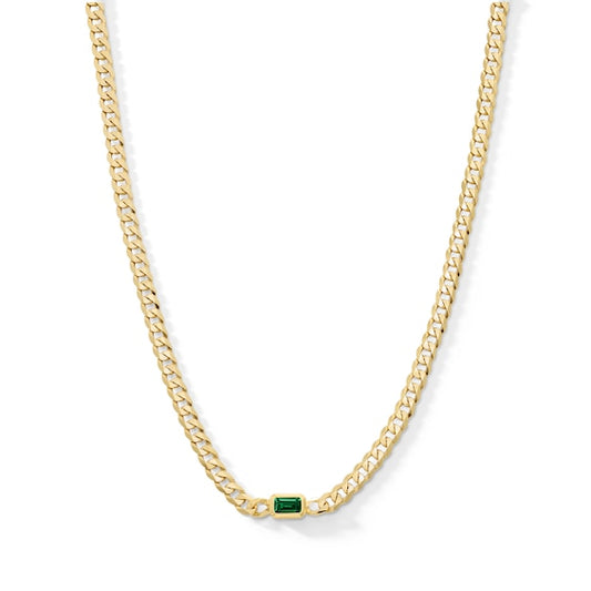 Emerald-Cut Emerald Solitaire Curb Chain Necklace in Sterling Silver with 18K Gold Plate